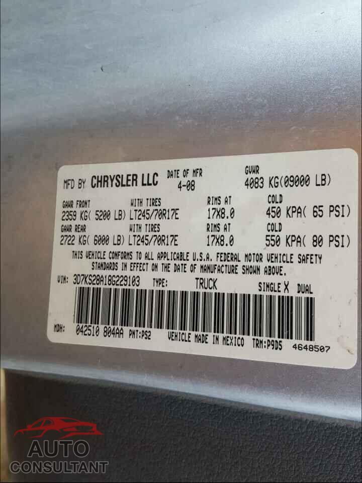 DODGE RAM 2500 2008 - 5TDZZ3DC0JS923354