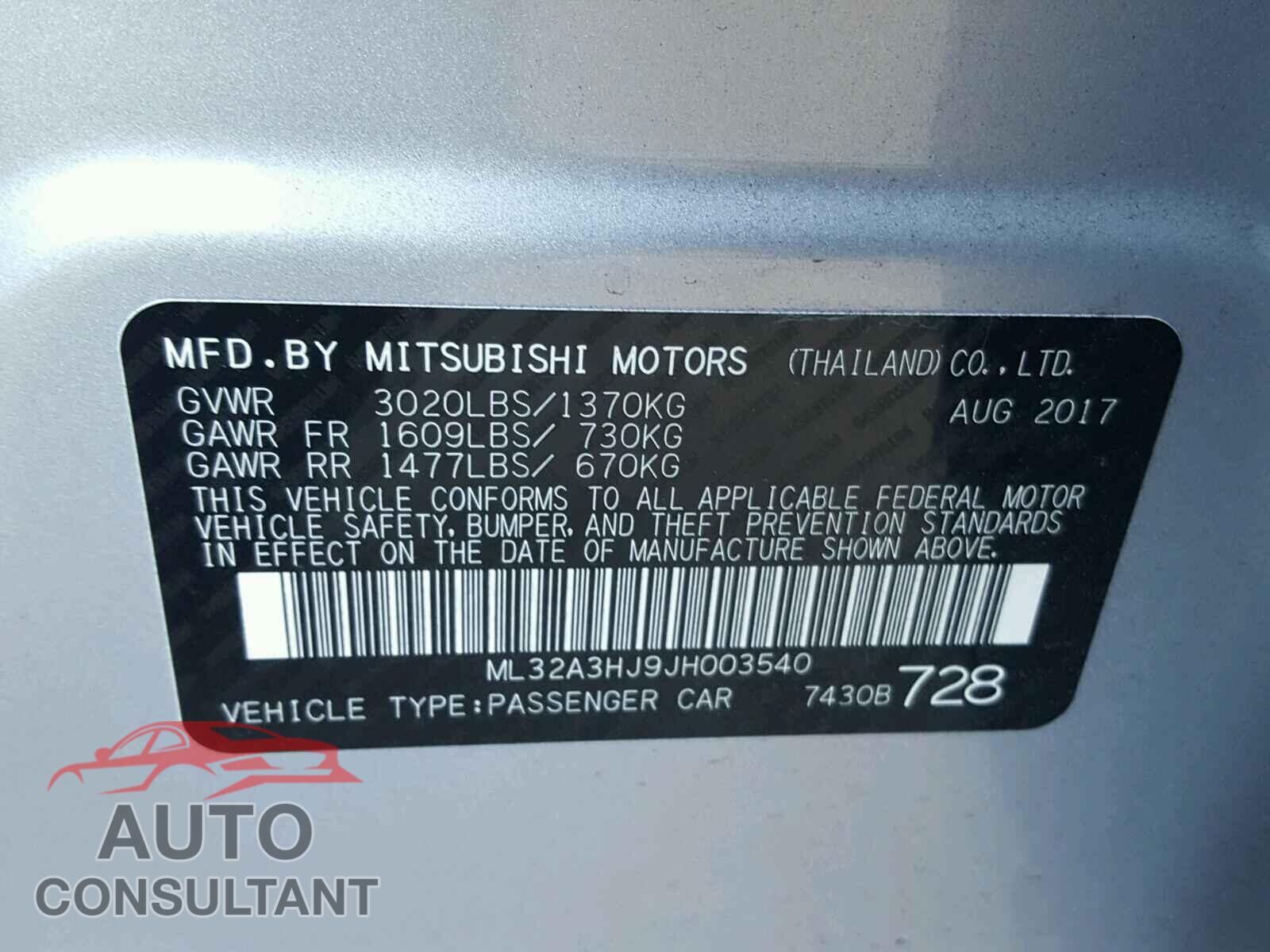 MITSUBISHI MIRAGE 2018 - ML32A3HJ9JH003540