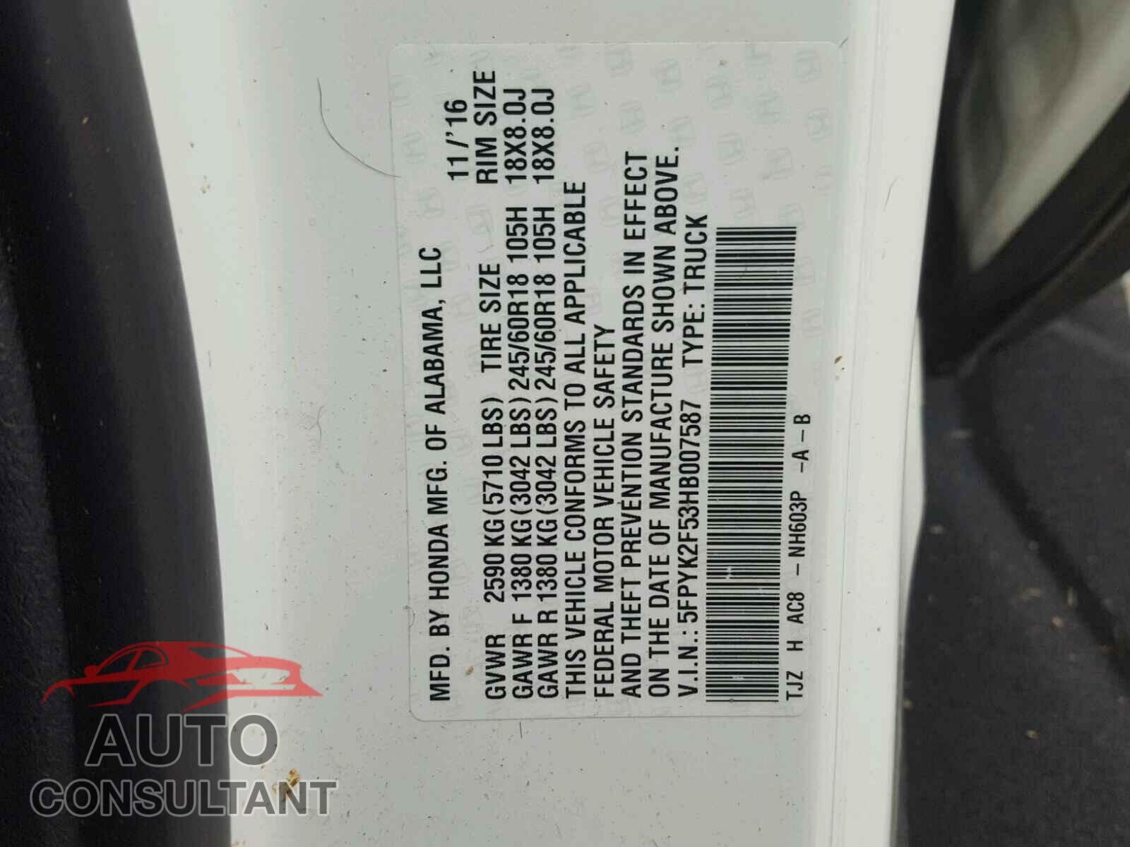 HONDA RIDGELINE 2017 - 5FPYK2F53HB007587