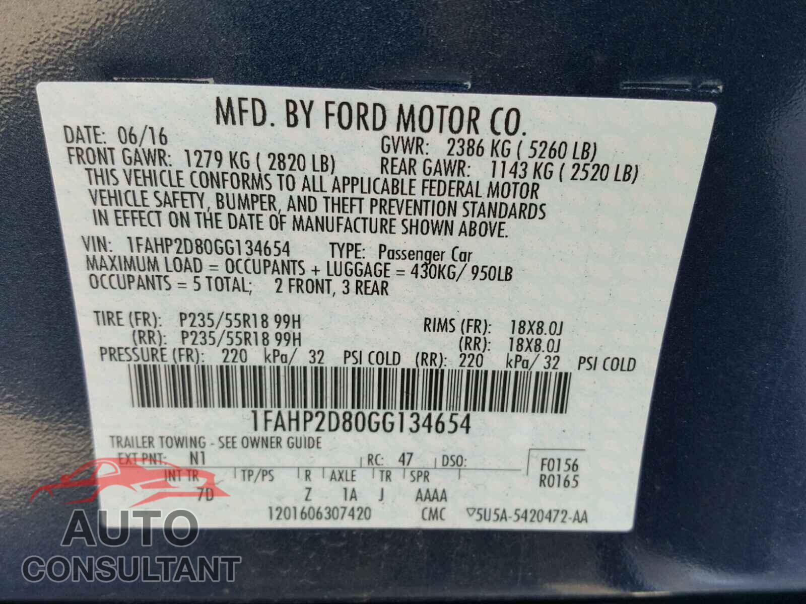 FORD TAURUS 2016 - 1FAHP2D80GG134654