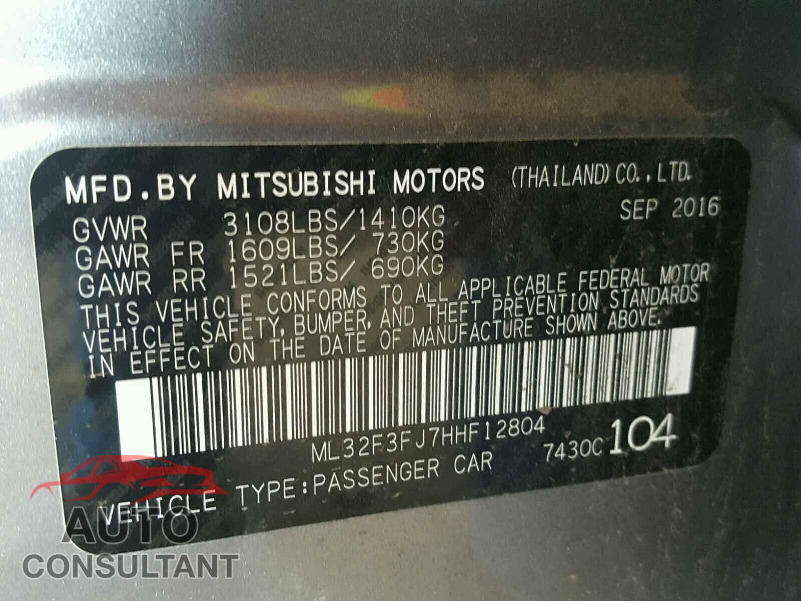 MITSUBISHI MIRAGE 2017 - ML32F3FJ7HHF12804