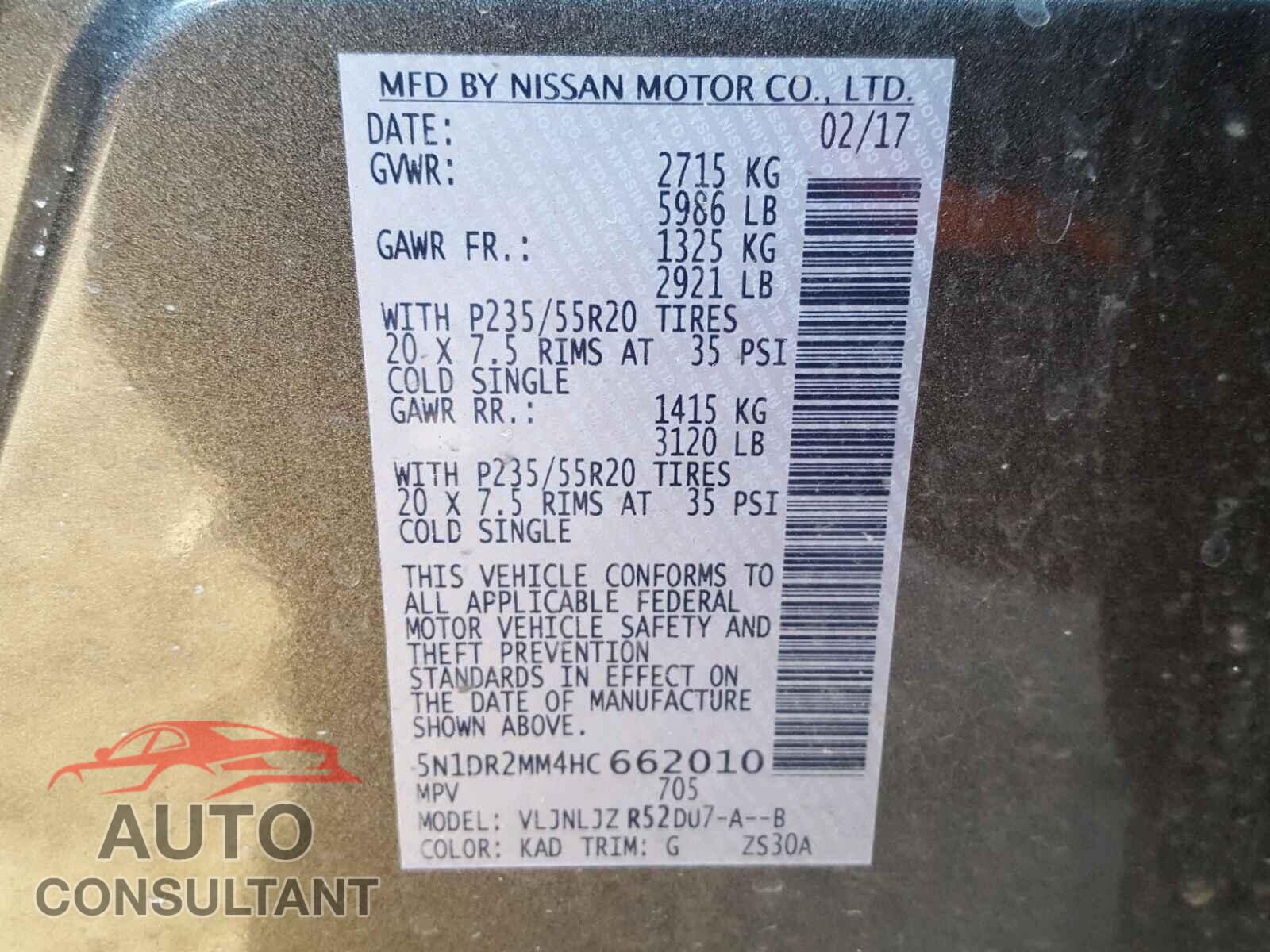 NISSAN PATHFINDER 2017 - 5N1DR2MM4HC662010