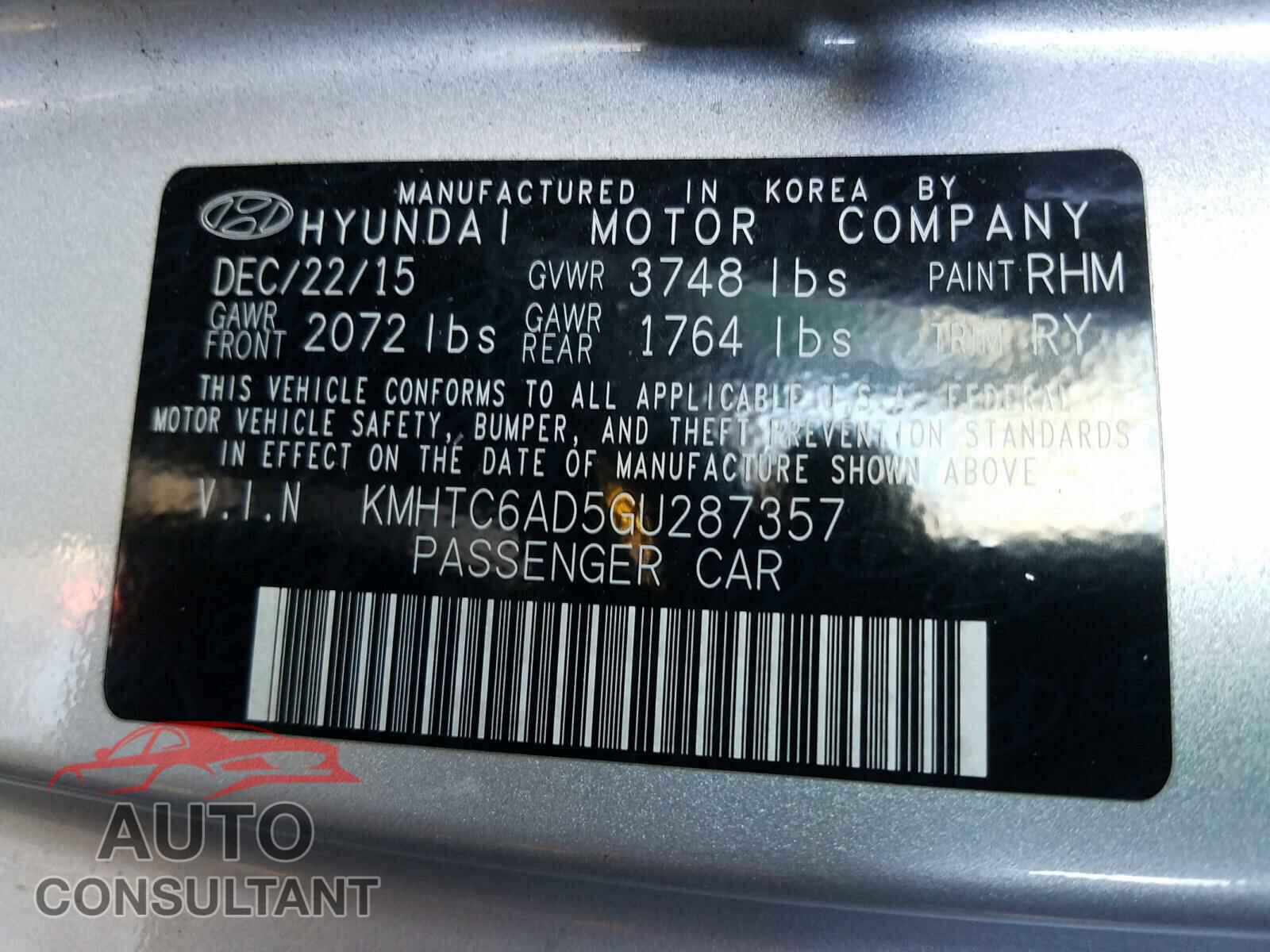 HYUNDAI VELOSTER 2016 - KMHTC6AD5GU287357