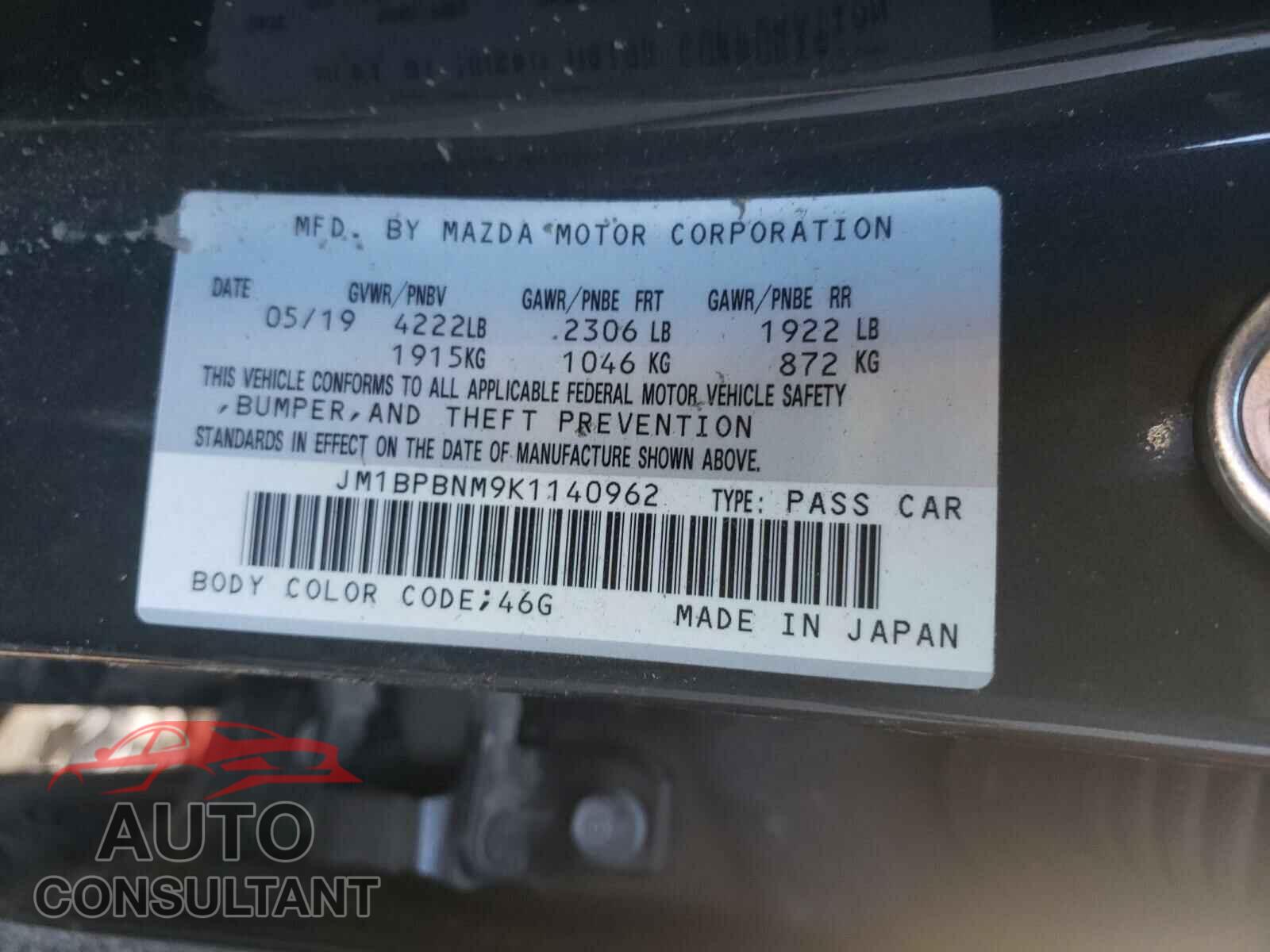MAZDA 3 2019 - JM1BPBNM9K1140962