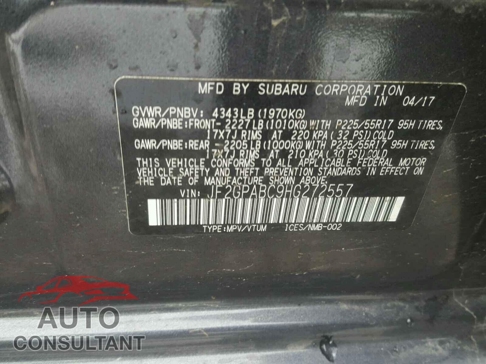 SUBARU ALL OTHER 2017 - JF2GPABC9HG272557