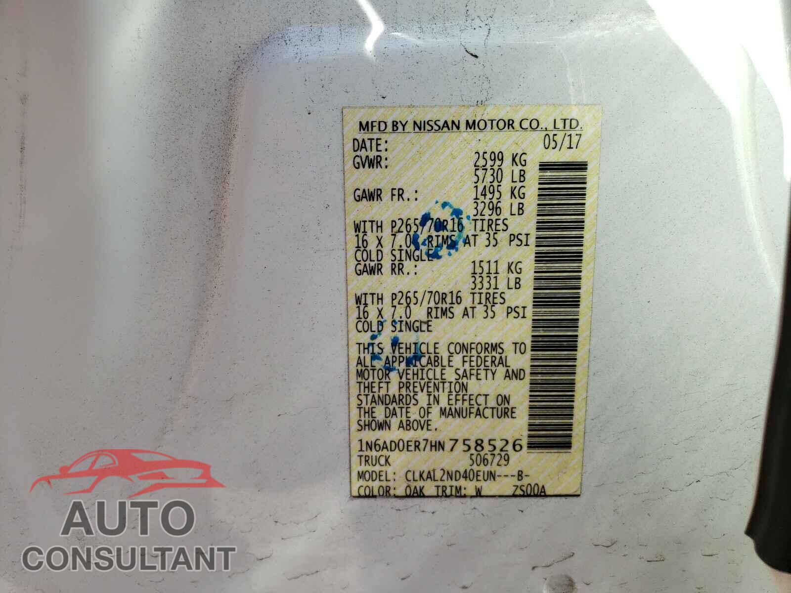 NISSAN FRONTIER 2017 - 3N1CN8EV1ML830256