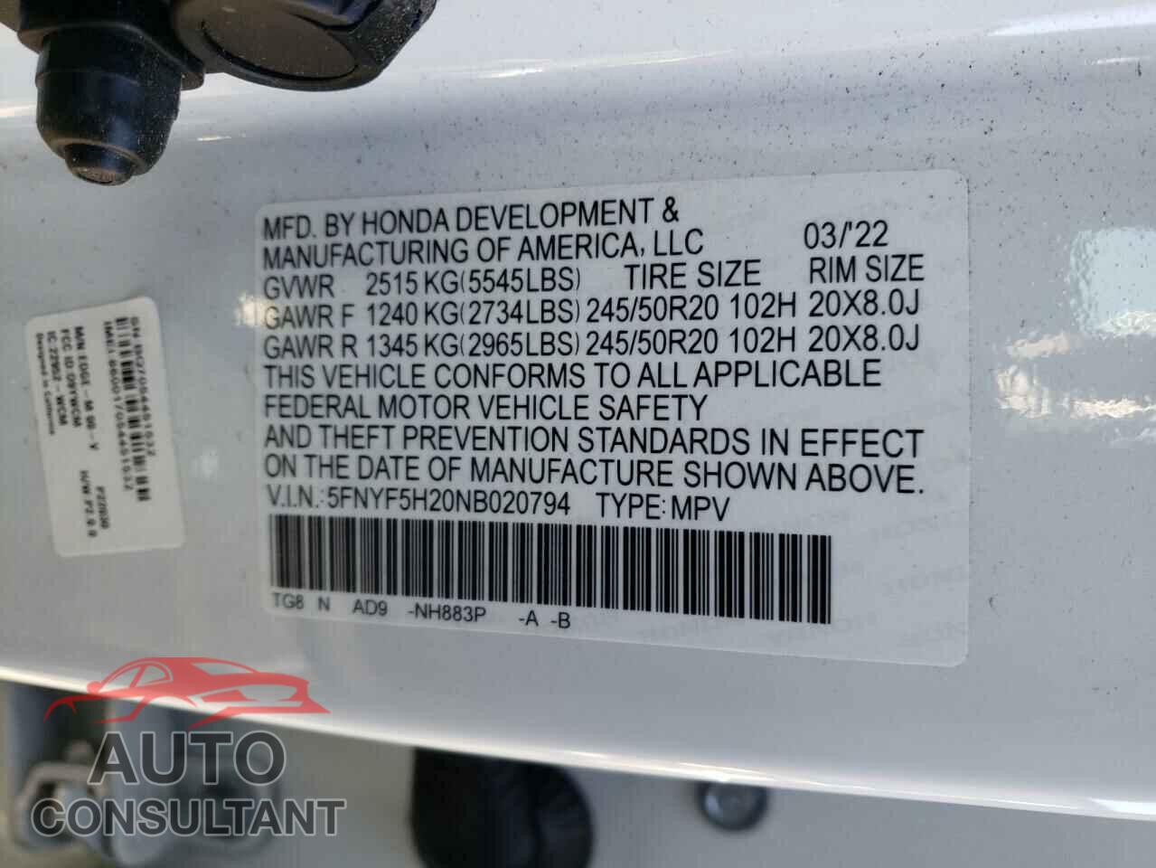 HONDA PILOT 2022 - 5FNYF5H20NB020794