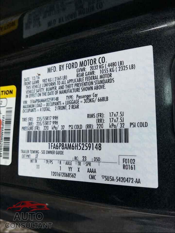 FORD MUSTANG 2017 - 1FA6P8AM6H5259148