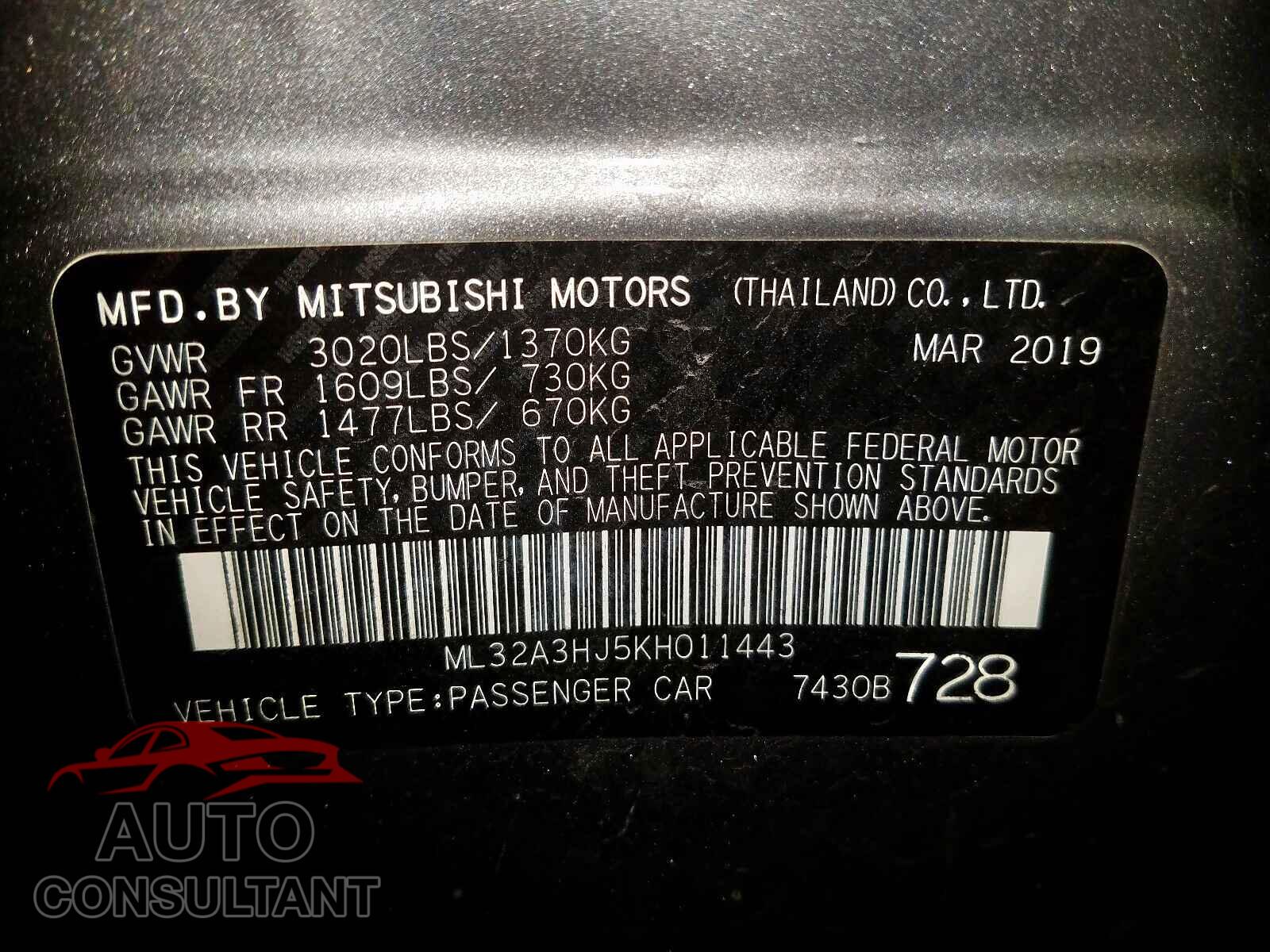 MITSUBISHI MIRAGE 2019 - ML32A3HJ5KH011443