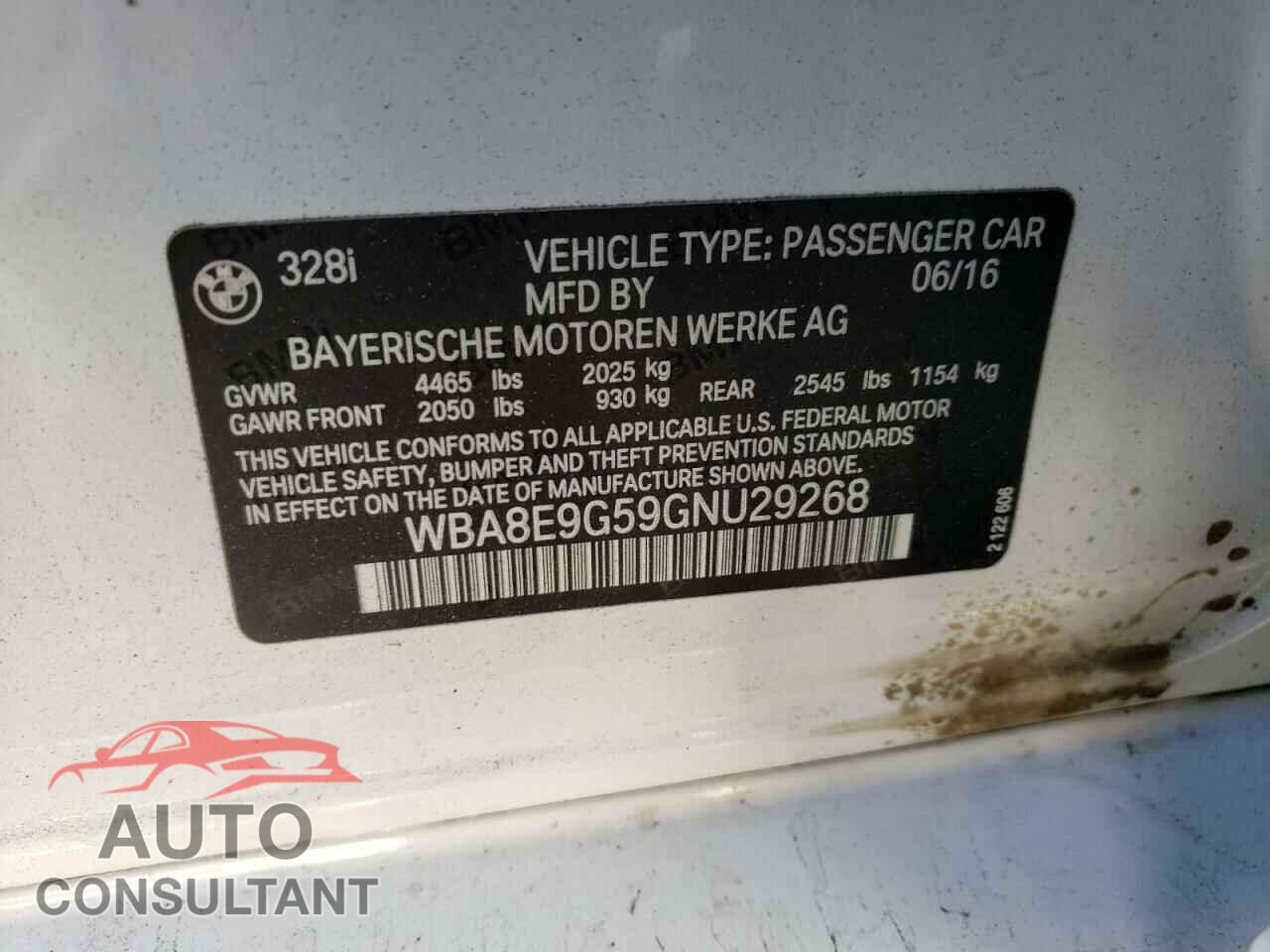BMW 3 SERIES 2016 - WBA8E9G59GNU29268