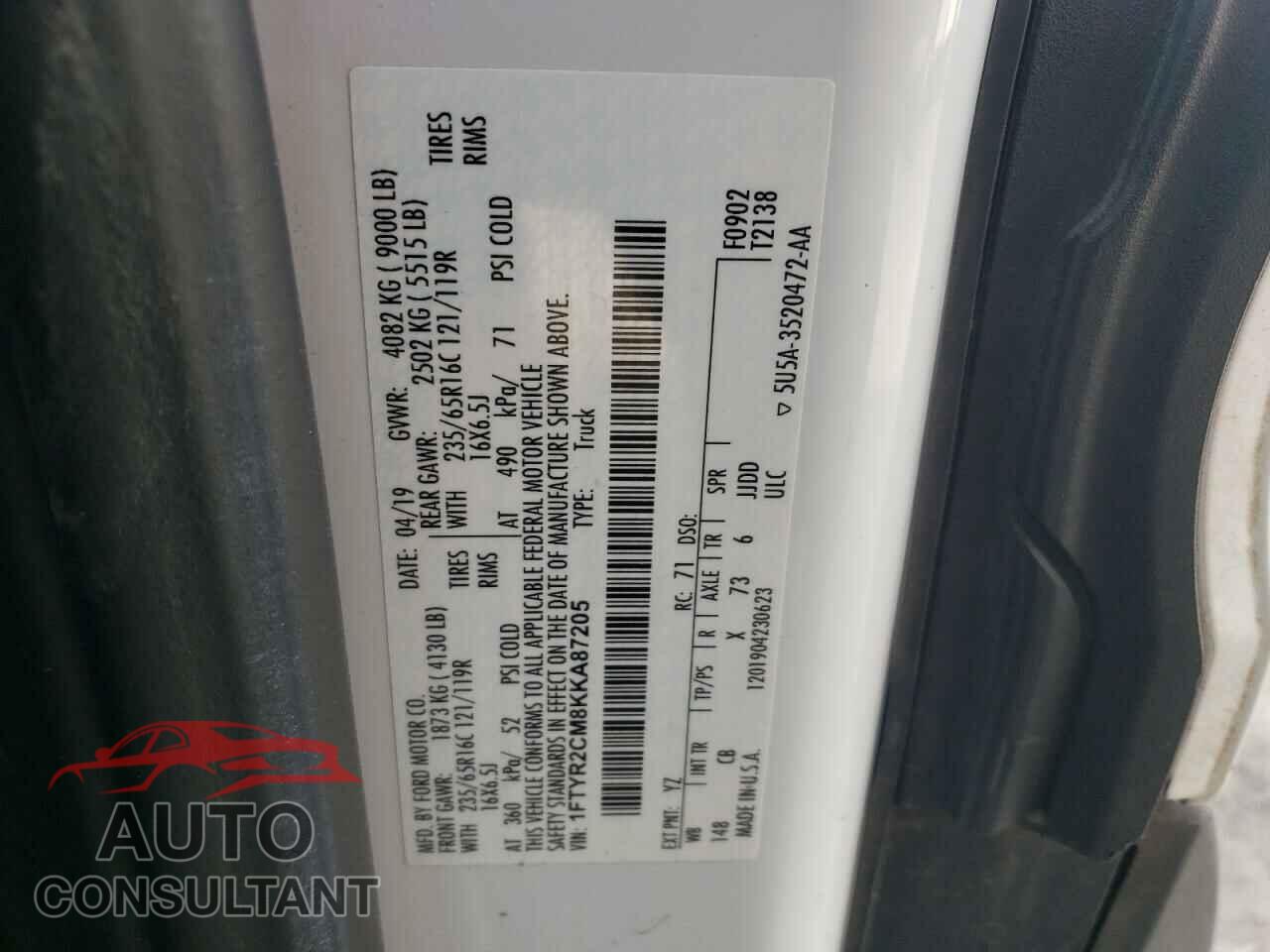 FORD TRANSIT CO 2019 - 1FTYR2CM8KKA87205