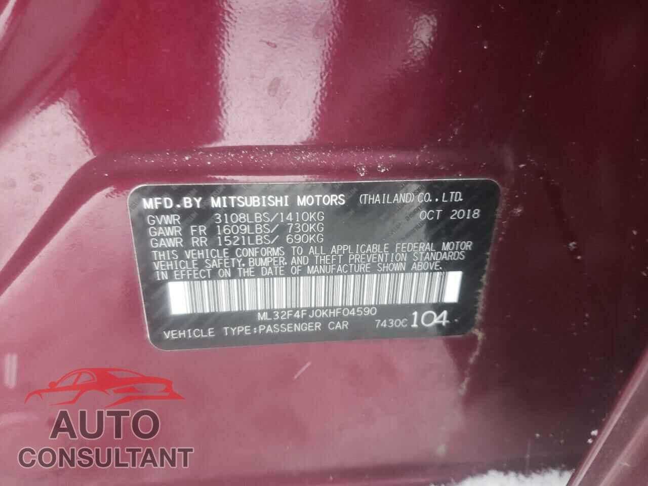 MITSUBISHI MIRAGE 2019 - ML32F4FJ0KHF04590