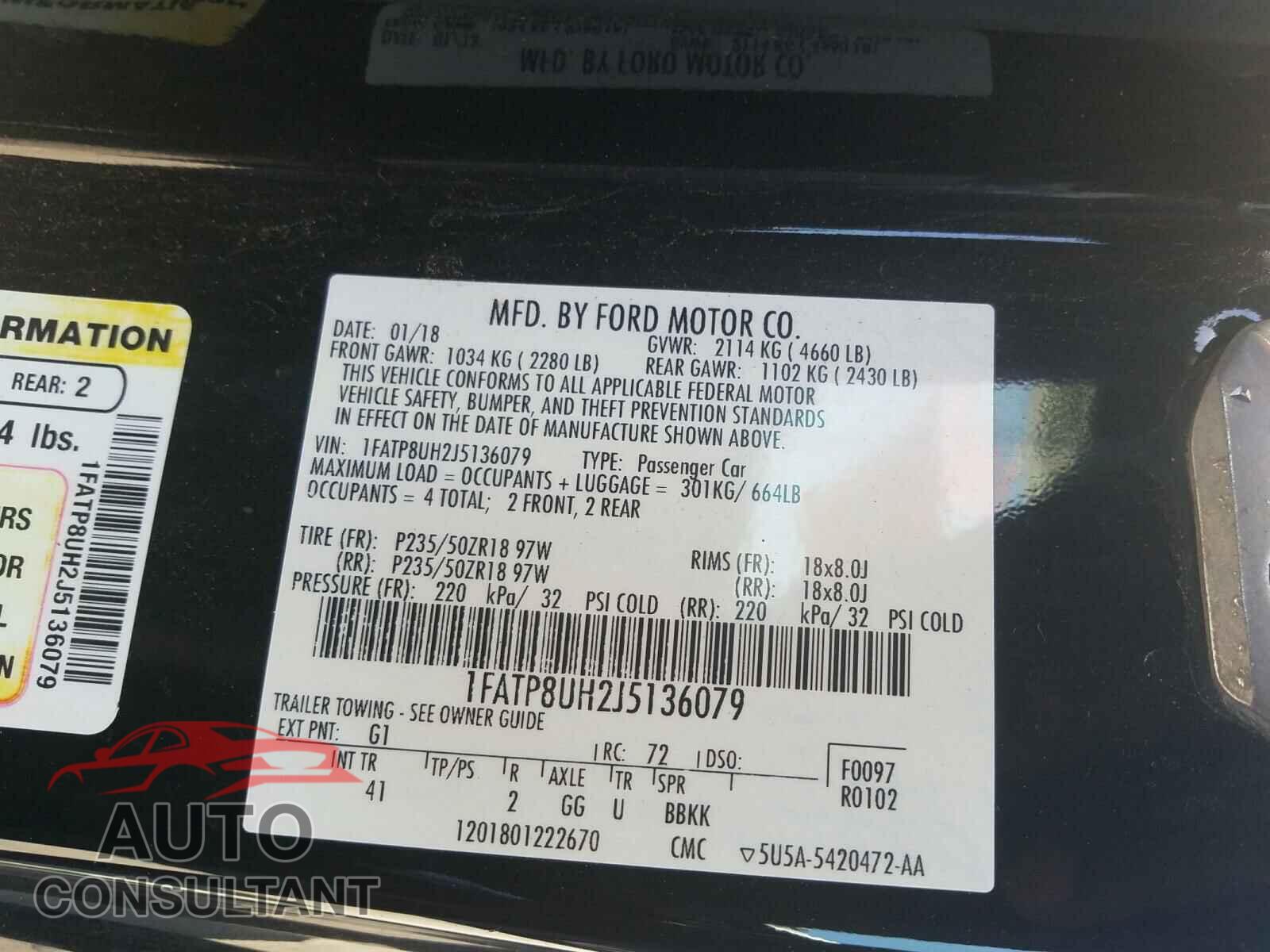 FORD MUSTANG 2018 - 1FATP8UH2J5136079