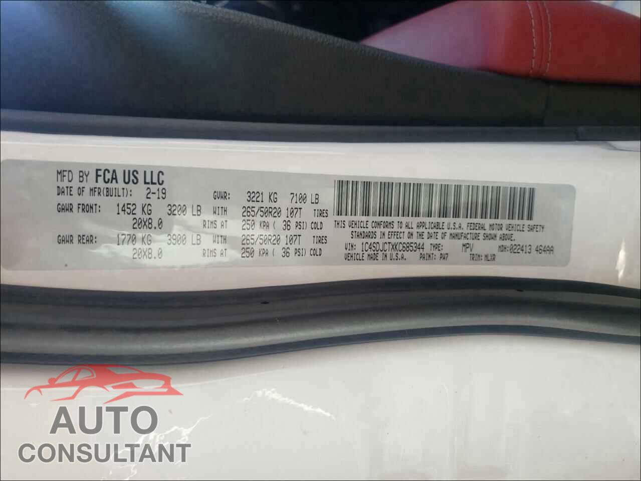 DODGE DURANGO 2019 - 1C4SDJCTXKC685344