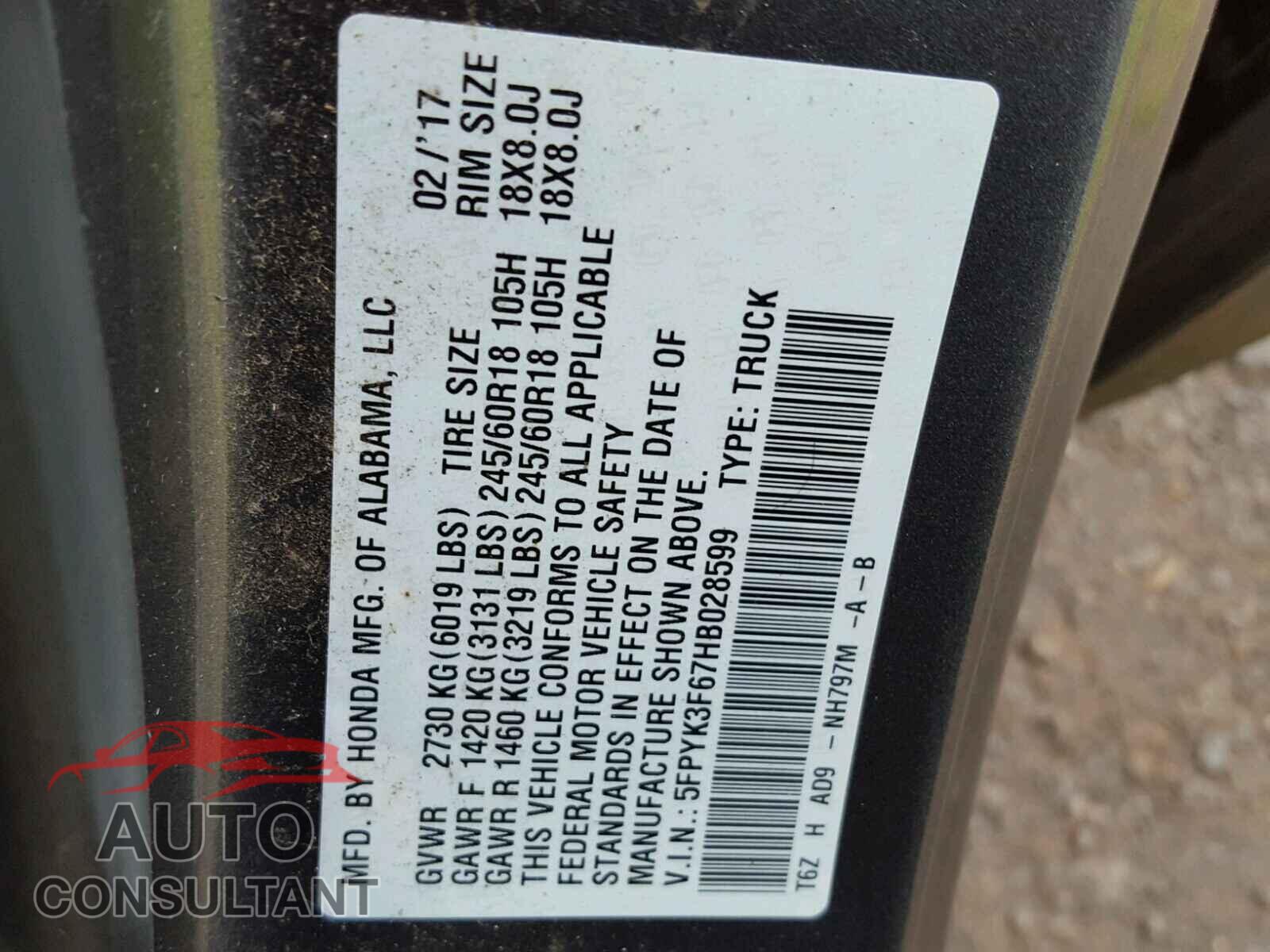 HONDA RIDGELINE 2017 - 5FPYK3F67HB028599
