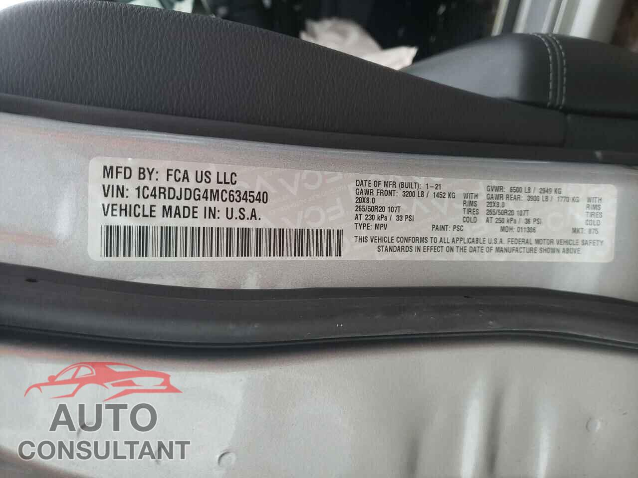 DODGE DURANGO 2021 - 1C4RDJDG4MC634540
