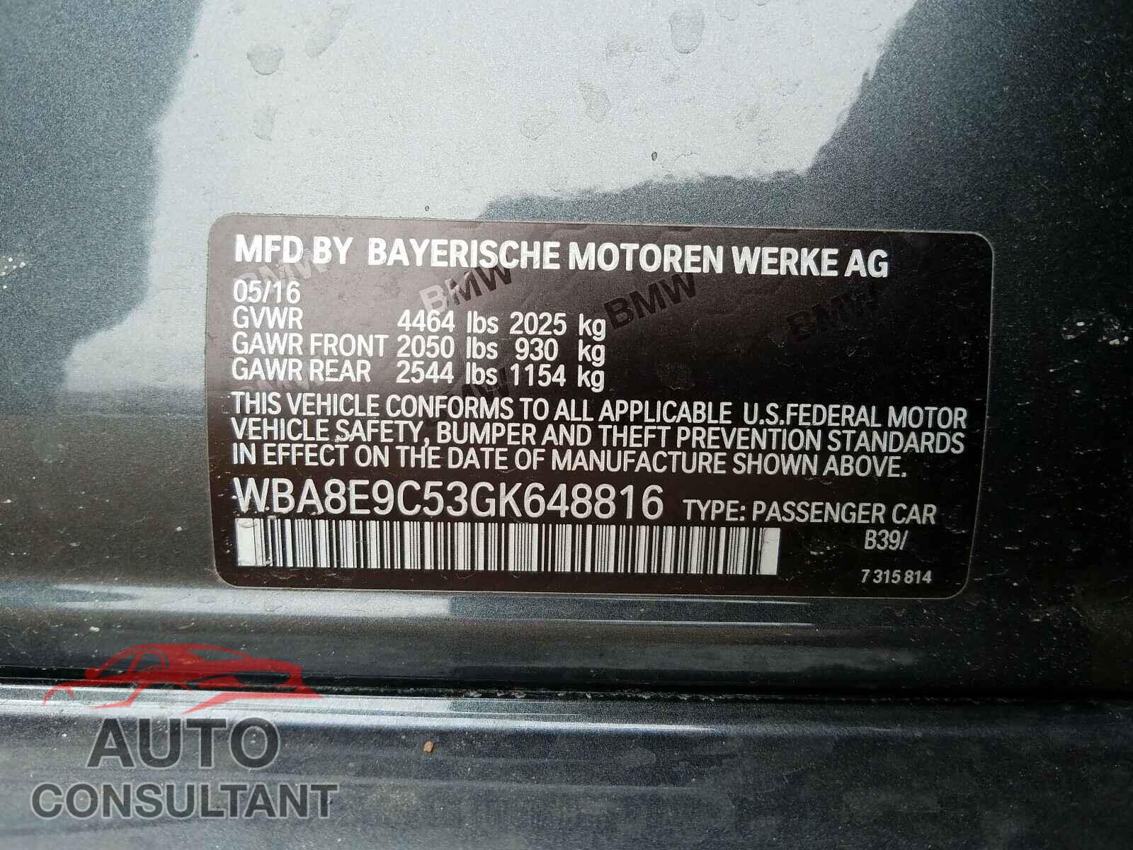 BMW 3 SERIES 2016 - WBA8E9C53GK648816