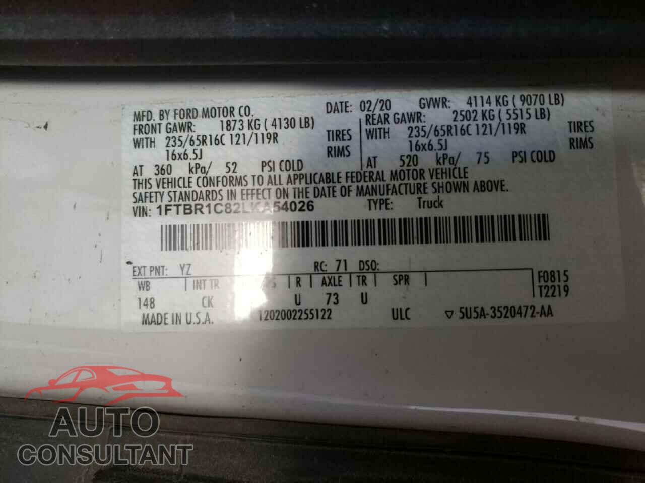 FORD TRANSIT CO 2020 - 1FTBR1C82LKA54026
