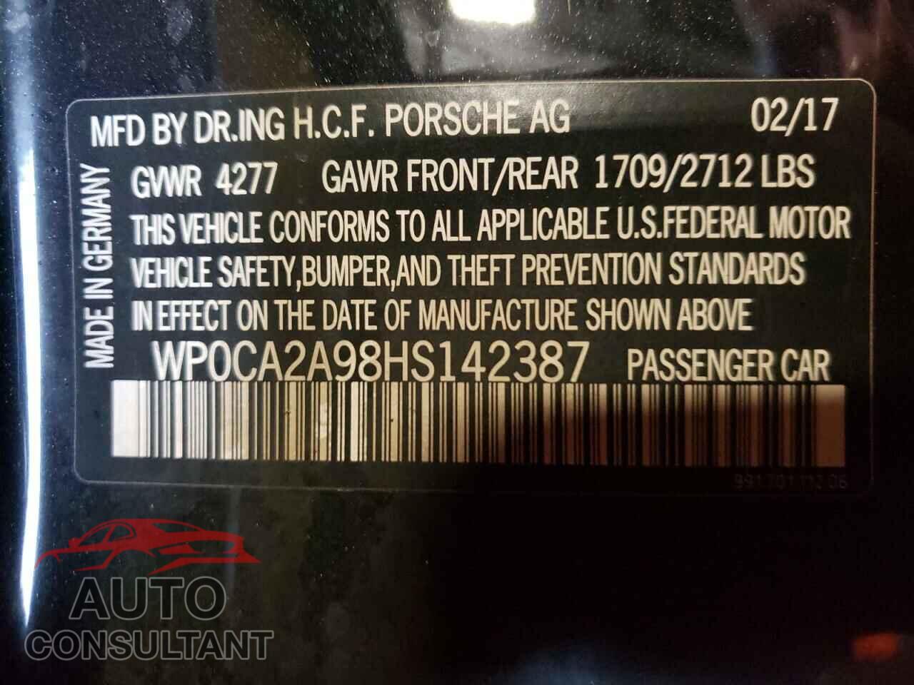 PORSCHE 911 2017 - WP0CA2A98HS142387
