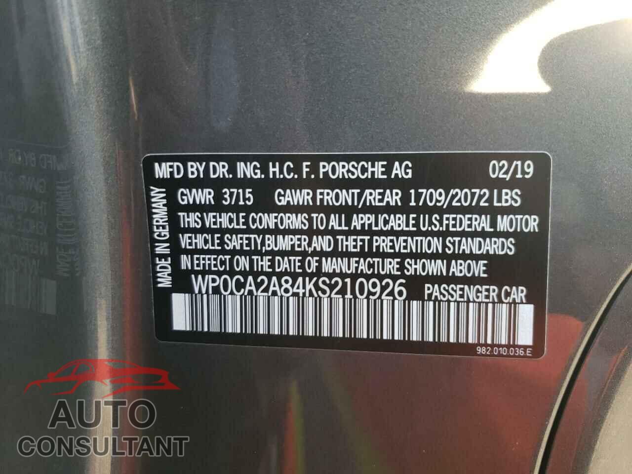 PORSCHE BOXSTER 2019 - WP0CA2A84KS210926