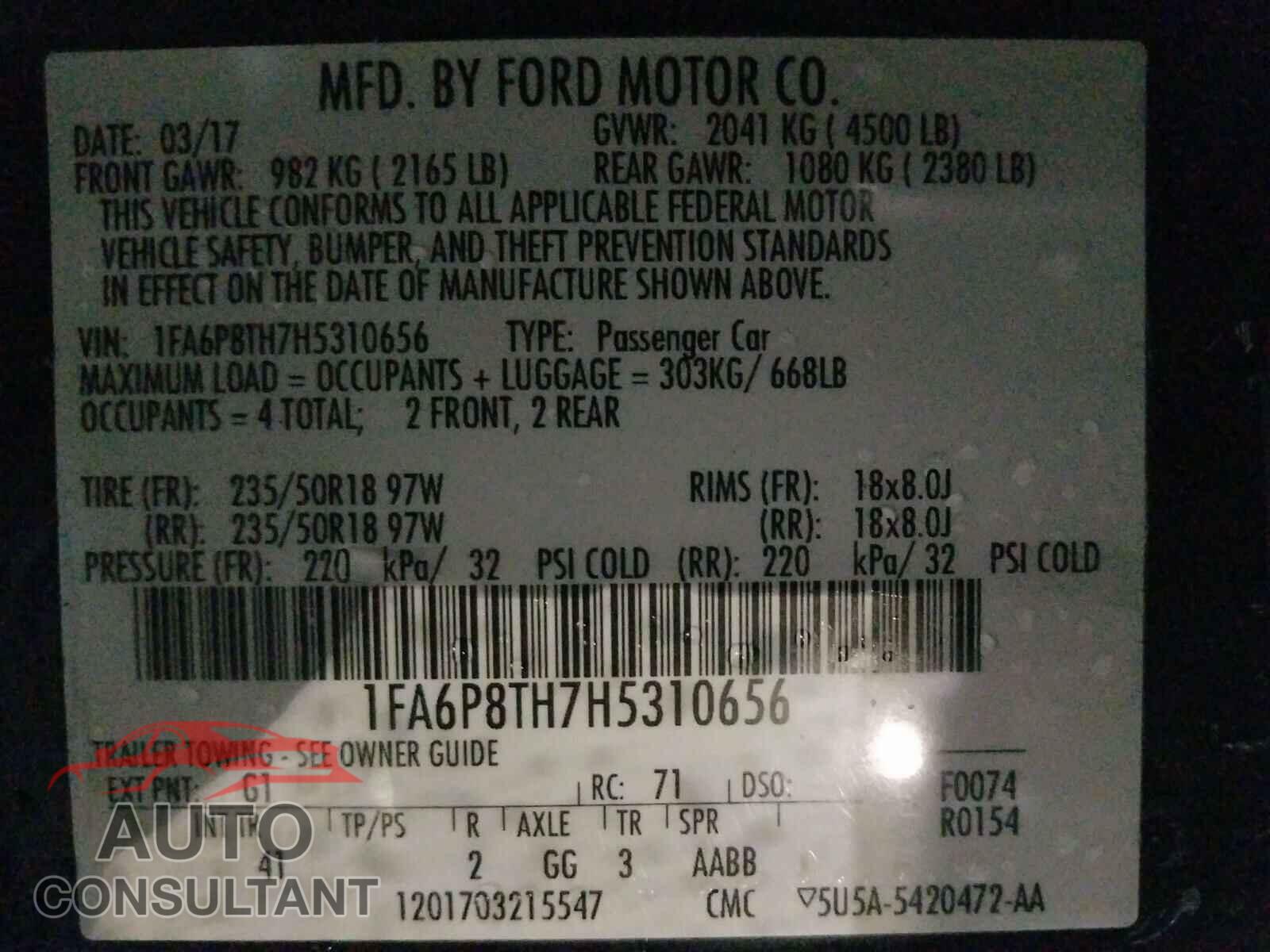 FORD MUSTANG 2017 - 1FA6P8TH7H5310656