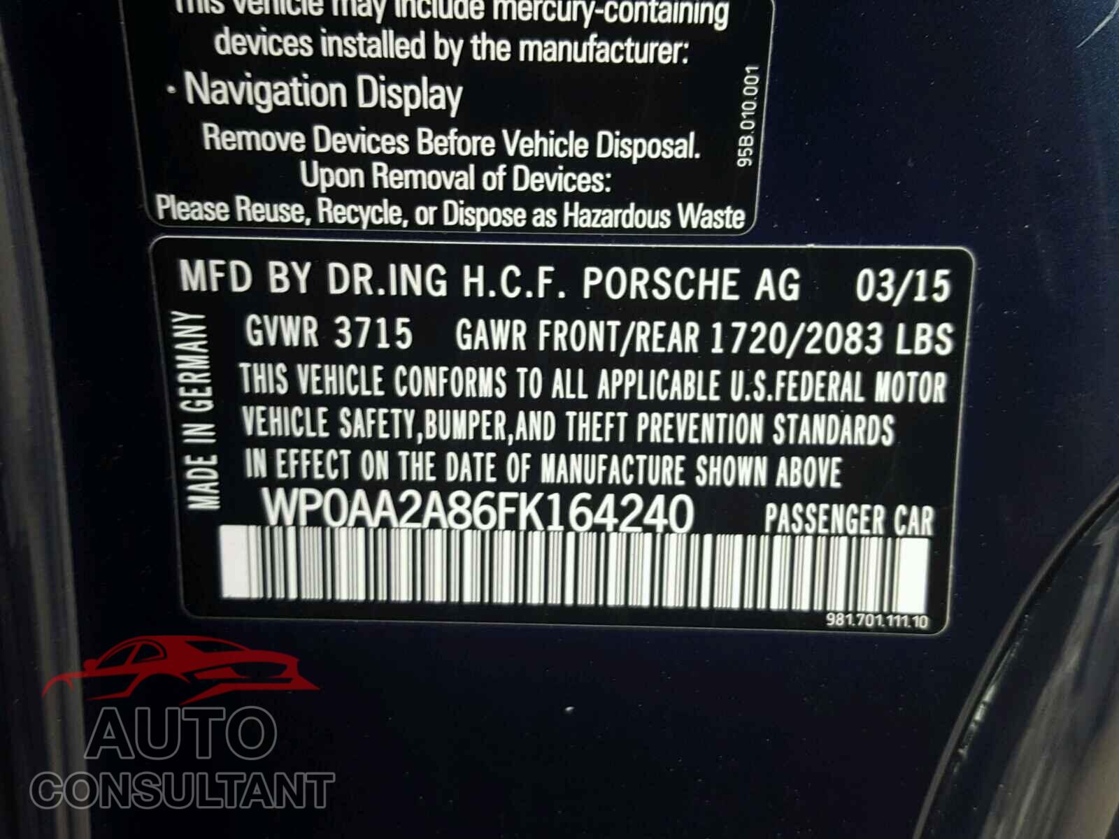 PORSCHE CAYMAN 2015 - WP0AA2A86FK164240