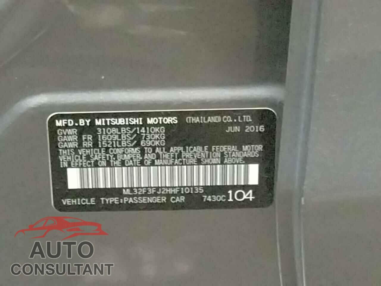 MITSUBISHI MIRAGE 2017 - ML32F3FJ2HHF10135