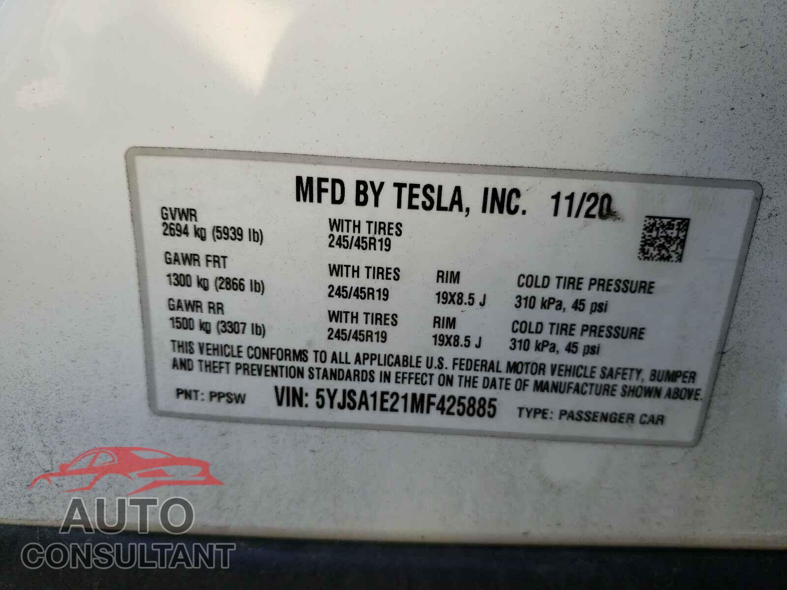 TESLA MODEL S 2021 - 5YJSA1E21MF425885
