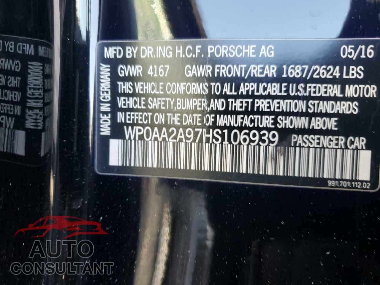 PORSCHE 911 2017 - WP0AA2A97HS106939
