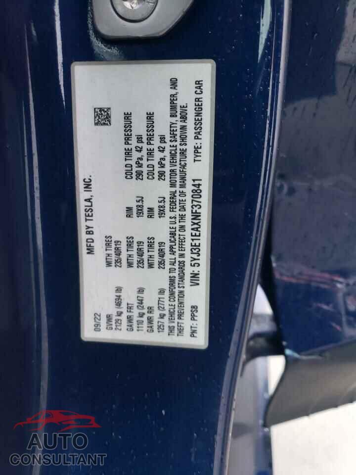 TESLA MODEL 3 2022 - 5YJ3E1EAXNF370841