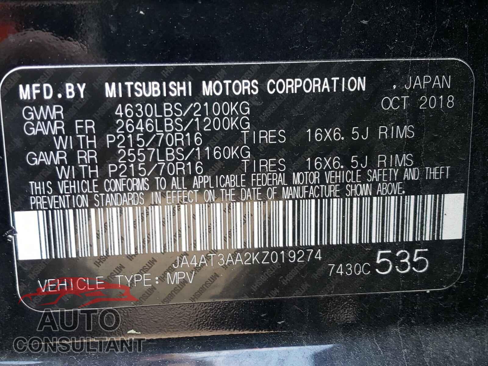 MITSUBISHI ECLIPSE 2019 - JA4AT3AA2KZ019274