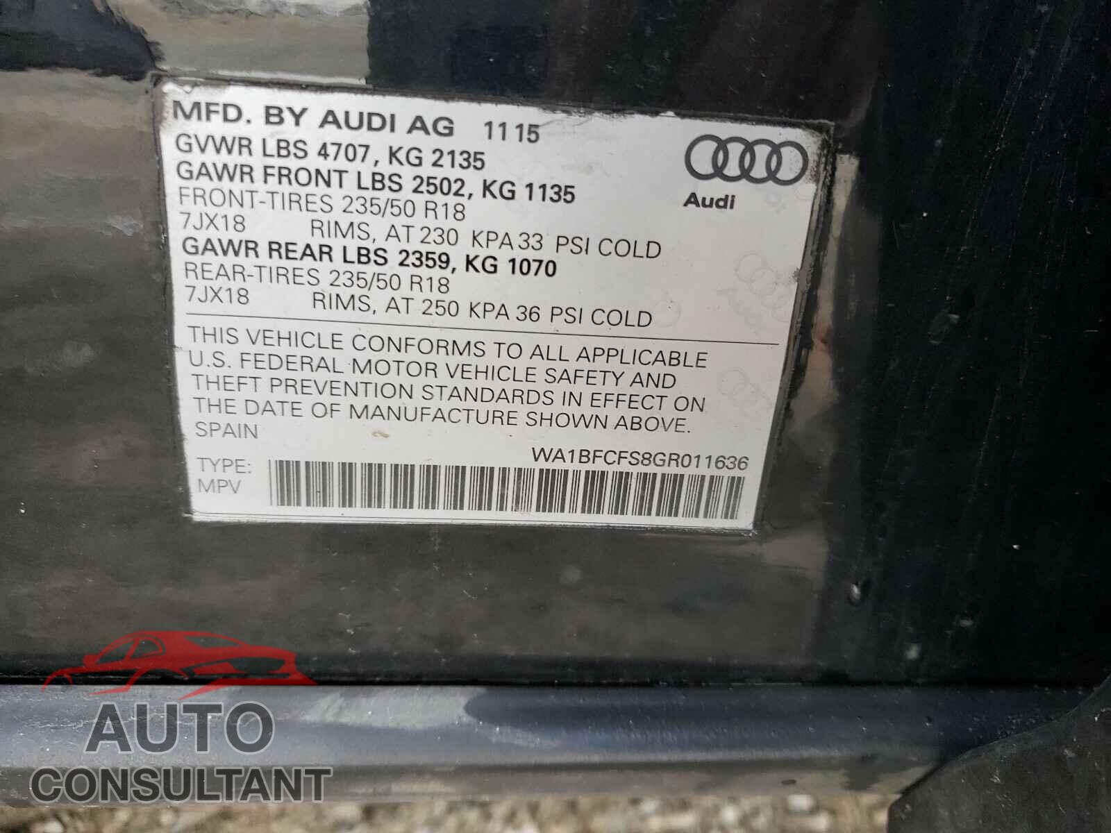 AUDI Q3 2016 - WA1BFCFS8GR011636