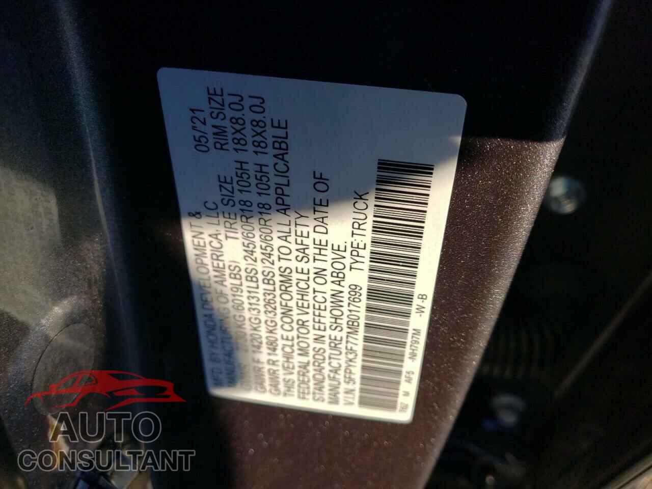 HONDA RIDGELINE 2021 - 5FPYK3F77MB017699