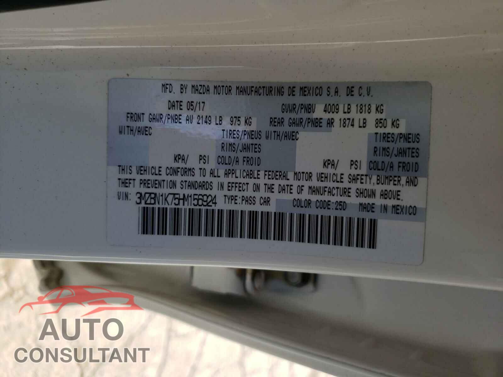 MAZDA 3 2017 - 3MZBN1K75HM156924