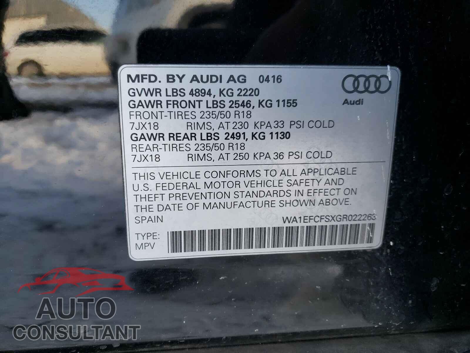 AUDI Q3 2016 - WA1EFCFSXGR022263