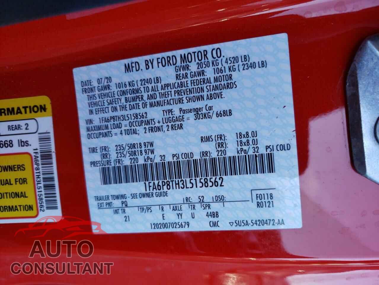 FORD MUSTANG 2020 - 1FA6P8TH3L5158562
