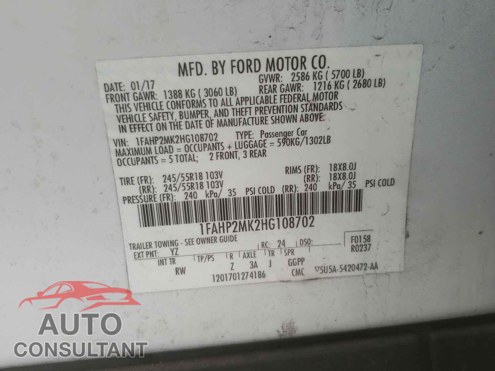 FORD TAURUS 2017 - 1FAHP2MK2HG108702