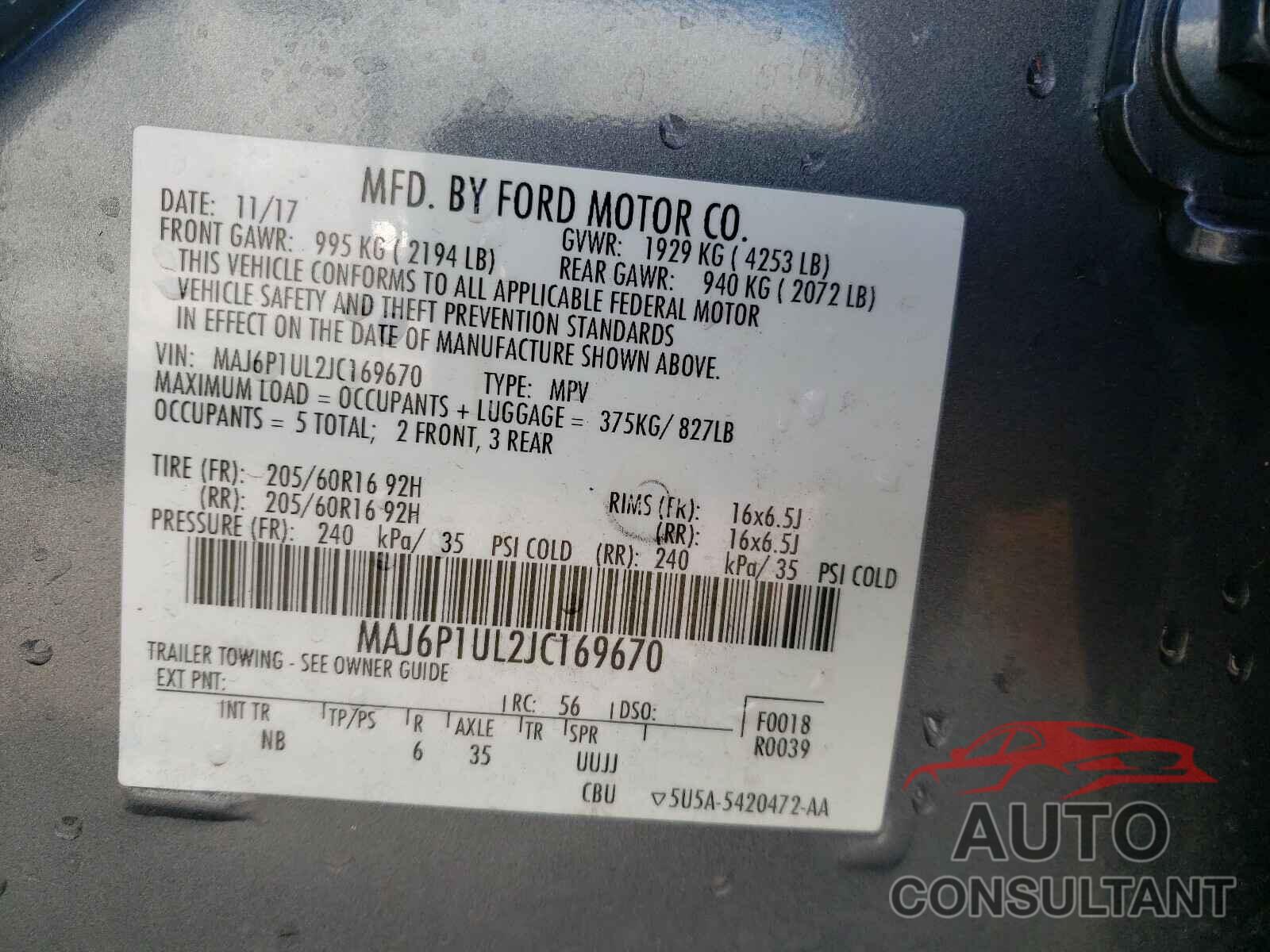FORD ALL OTHER 2018 - MAJ6P1UL2JC169670