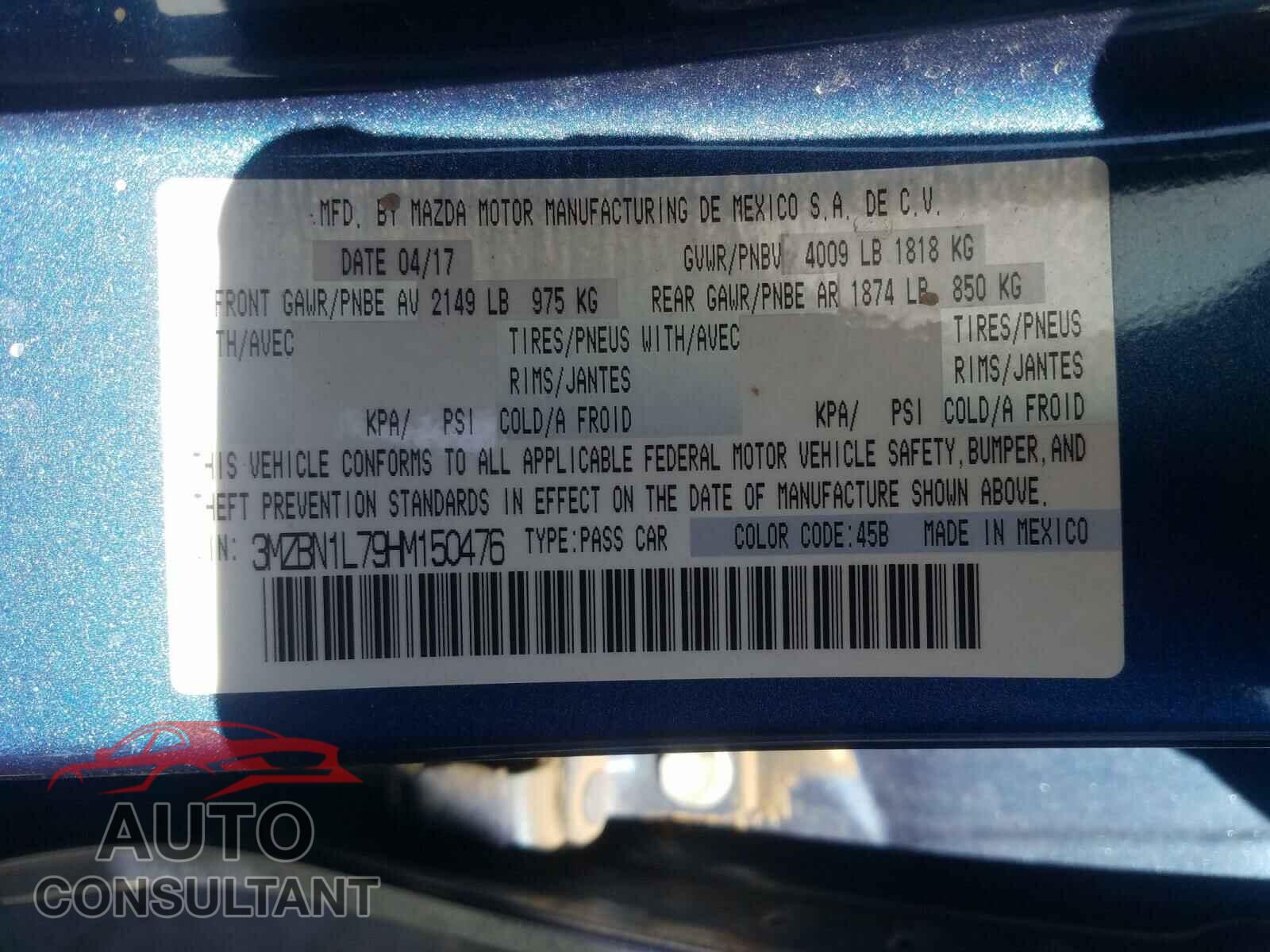 MAZDA 3 2017 - 3MZBN1L79HM150476