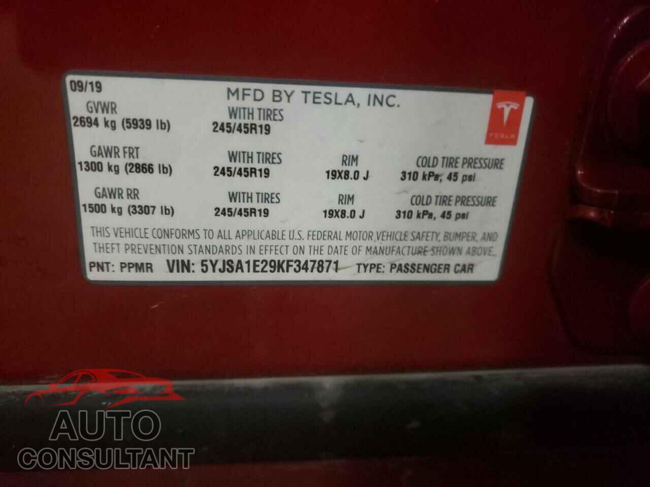 TESLA MODEL S 2019 - 5YJSA1E29KF347871