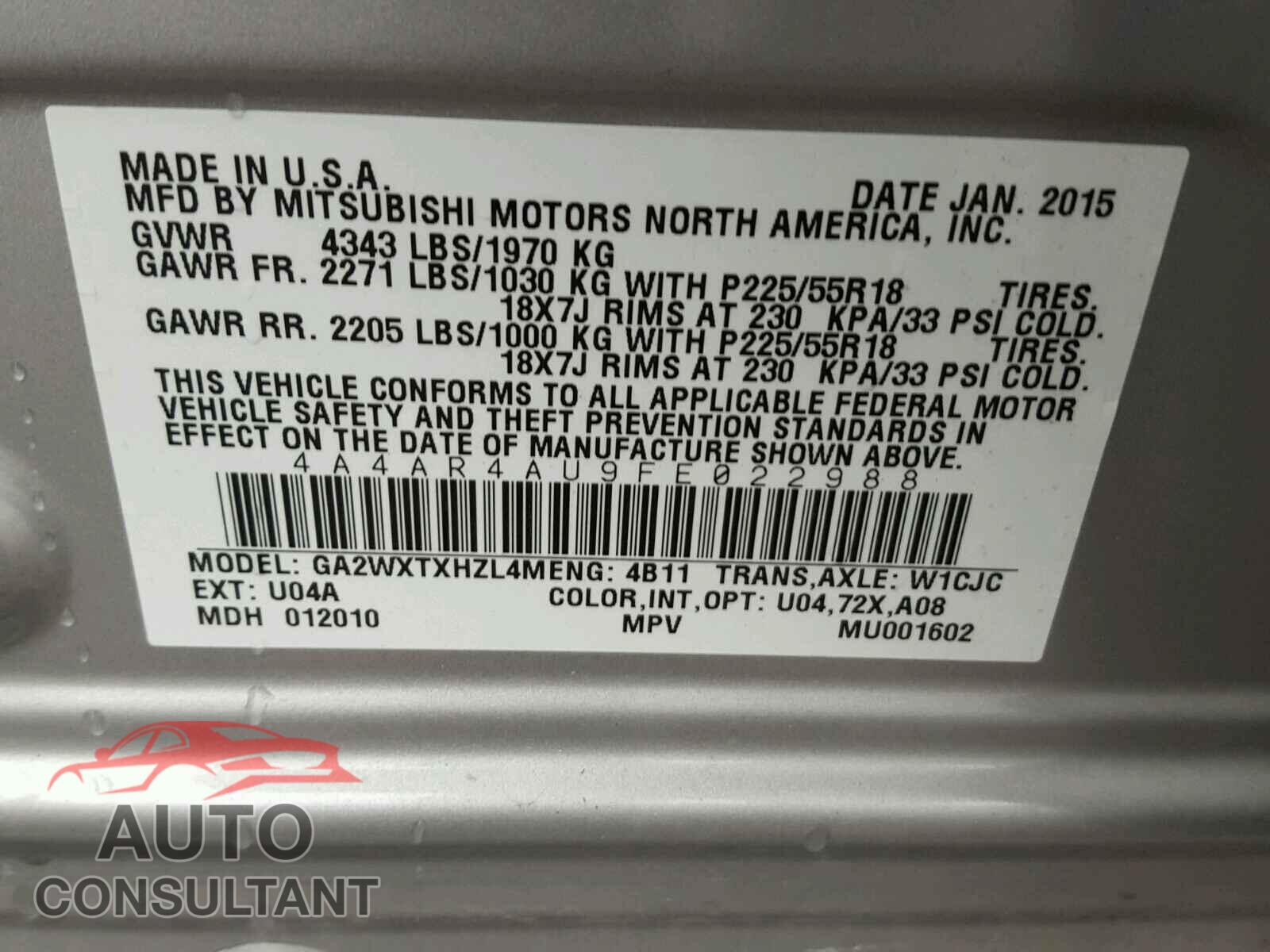MITSUBISHI OUTLANDER 2015 - 4A4AR4AU9FE022988