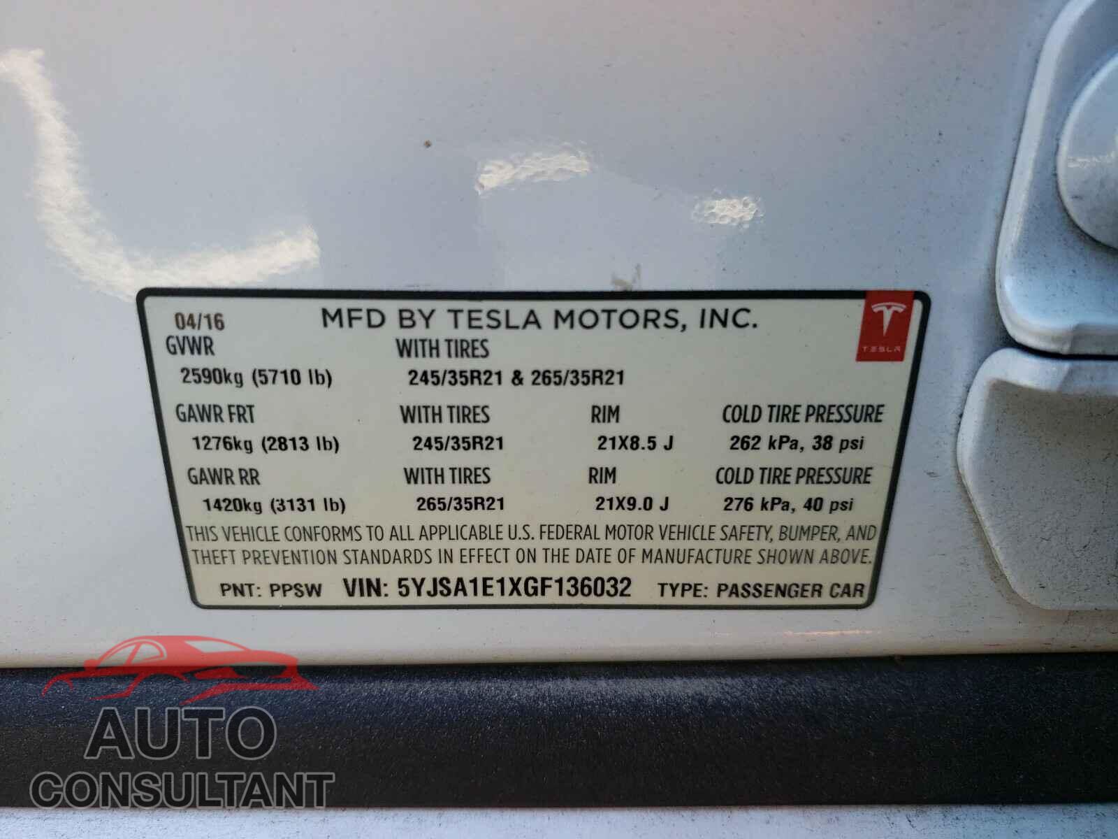 TESLA MODEL S 2016 - 5YJSA1E1XGF136032