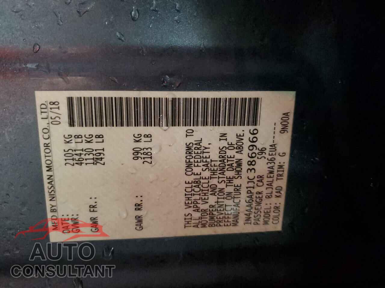 NISSAN MAXIMA 2018 - 1N4AA6AP1JC386966