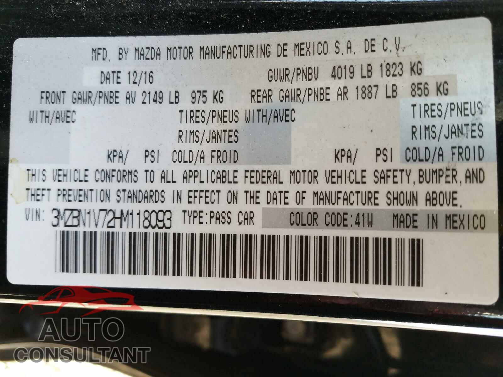 MAZDA 3 2017 - 3MZBN1V72HM118093