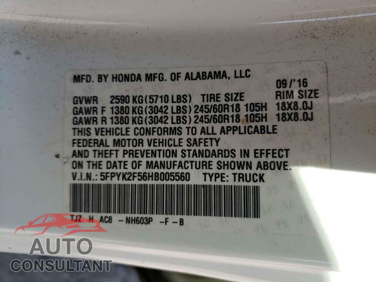 HONDA RIDGELINE 2017 - 5FPYK2F56HB005560