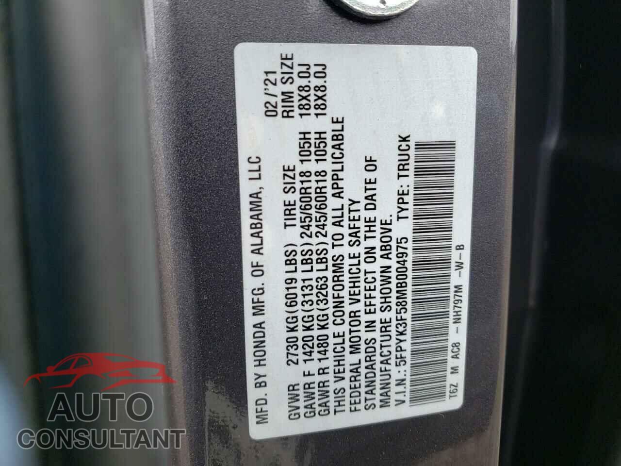 HONDA RIDGELINE 2021 - 5FPYK3F58MB004975