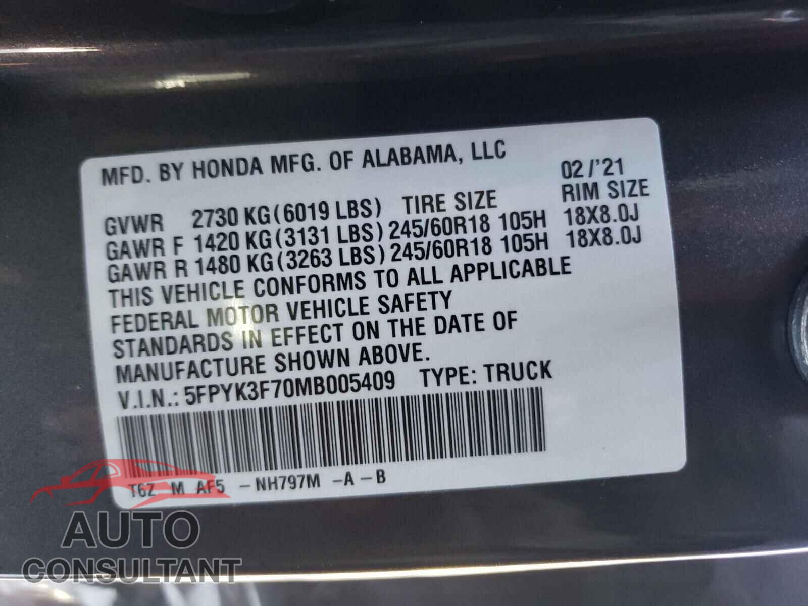 HONDA RIDGELINE 2021 - 5FPYK3F70MB005409