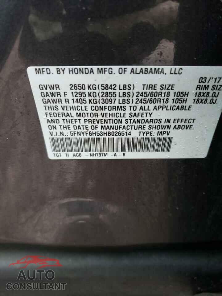 HONDA PILOT 2017 - 5FNYF6H53HB026514