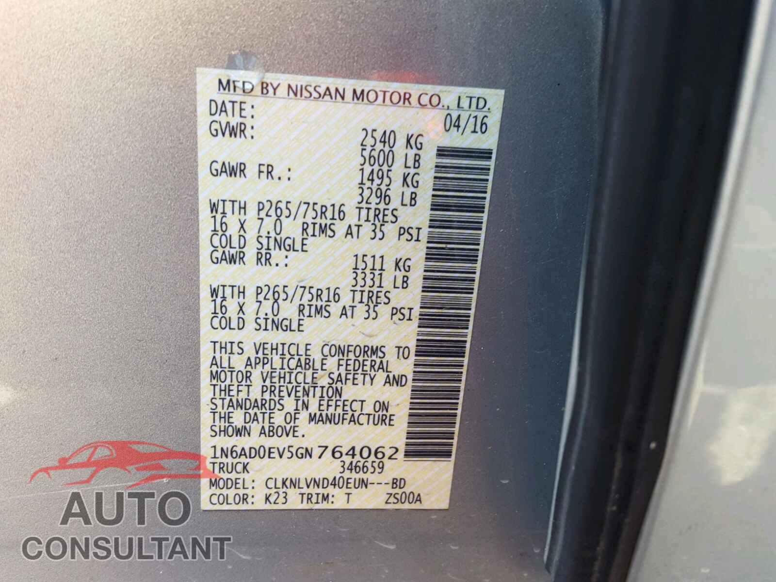 NISSAN FRONTIER S 2016 - WP1AA2A26JKA03910