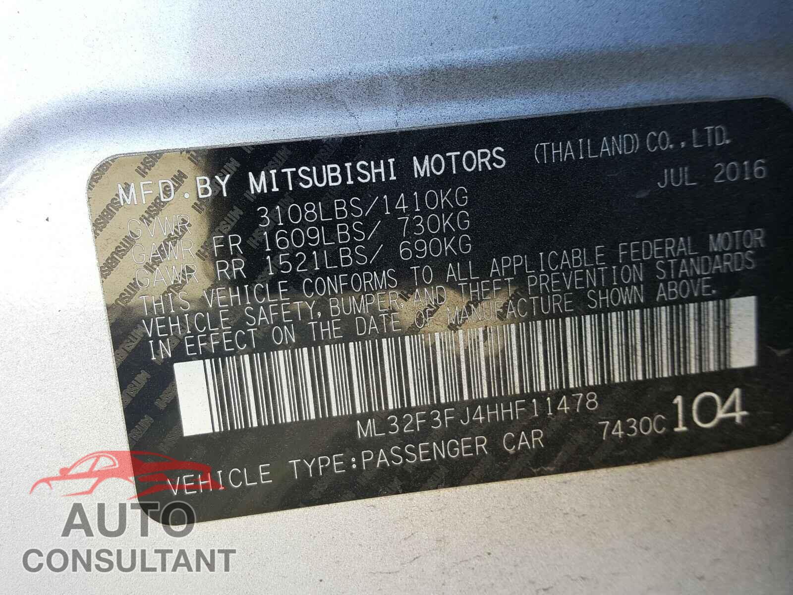 MITSUBISHI MIRAGE 2017 - ML32F3FJ4HHF11478